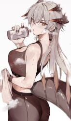 1girl 1girls adult adult_female after_workout arknights ass ass_cleavage ass_crack ass_sweat big_boobs big_breasts black_horn black_horns black_tank_top black_topwear black_yoga_pants blonde blonde-haired_female blonde_female blonde_hair blonde_hair_female brown-eyed_female brown_eyes busty busty_female busty_girl butt butt_crack dokuro_adeluxe dokuro_deluxe ear_piercing frown frown_eyebrows frowning frowning_at_viewer head_tilt horn horns large_boobs large_breasts long_hair looking_back looking_back_at_viewer mature mature_female pierced_ear saria_(arknights) scowl sweat sweat_on_ass sweat_on_body sweat_on_face sweatdrop sweating sweaty sweaty_ass sweaty_back sweaty_body sweaty_butt sweaty_face sweaty_female tail tank_top thick_ass thick_butt tilted_head topwear yoga_pants