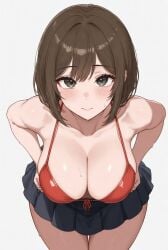 ai ai_generated 1girl solo female breasts huge_breasts large_breasts massive_breasts cleavage bikini red_bikini micro_bikini red_swimsuit bikini_top skirt pleated_skirt dark_blue_skirt miniskirt brown_hair short_hair bob_cut bangs green_eyes large_eyes blush embarrassed sweat sweaty wet_skin glistening_skin body_oil shiny_skin looking_at_viewer leaning_forward bent_over hands_on_hips upper_body from_above pov seductive_smile aroused nipples_visible_through_clothes erect_nipples underboob sideboob cleavage_cutout curvy wide_hips thick_thighs ass_visible_through_skirt voluptuous mature_female beautiful detailed_face shiny_hair hair_between_eyes pink_blush heart_shaped_pupils ahegao_light saliva tongue_out_slightly heavy_breathing steam summer beach_theme poolside swimsuit sportswear big_breasts breast_focus paizuri_implied titfuck_implied bouncing_breasts jiggle sweatdrop body_sweat armpit wet_clothes see_through cameltoe wardrobe_malfunction seductive_pose teasing presenting_breasts breast_squeeze cleavage_between_breasts highres absurdres best_quality masterpiece white_background simple_background depth_of_field sharp_focus cinematic_lighting rim_lighting subsurface_scattering realistic_shading anime_style 2d digital_art solo_focus looking_up eye_contact half_closed_eyes saliva_trail shiny_clothes wet_tshirt_effect
