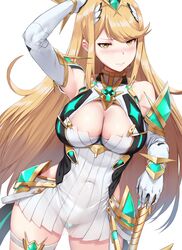 1girls 3: arm_up ass_visible_through_thighs bangs big_breasts blonde_hair blush breasts cleavage cleavage_cutout closed_mouth commentary covered_navel cowboy_shot dress elbow_gloves embarrassed female female_only gloves green_panties hairband hews_hack highres jewelry large_breasts long_hair looking_at_viewer mythra nintendo panties see-through short_dress sidelocks simple_background single_earring solo swept_bangs thigh_strap underwear very_long_hair white_background white_dress white_gloves xenoblade_(series) xenoblade_chronicles_2 yellow_eyes