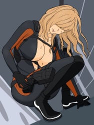 1girl between_legs black_bodysuit black_boots black_gloves blonde_hair bodysuit boots breasts cleavage closed_mouth commentary diving_suit gloves grey_background gun hair_over_eyes hand_between_own_legs holster holstered kneeling large_breasts lips long_hair navel no-28 open_clothes rachael_foley rachel_foley resident_evil resident_evil:_revelations solo sweat thigh_holster tight_clothes weapon wetsuit