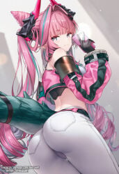 1girl ai_generated arknights arknights:_endfield ass ass_focus bare_shoulders blue_hair blush breasts cameltoe cellphone cropped_jacket dragon_girl dragon_horns dragon_tail from_behind gloves green_eyes horns jacket large_breasts long_hair multicolored_hair pants pink_hair raizuart selfie sideboob smile solo tail tight_pants two-tone_hair twintails very_long_hair yvonne_(arknights:_endfield)