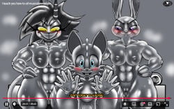 2_horns 4_fingers 5_fingers abs absurd_res anthro barely_visible_genitalia barely_visible_penis biceps big_penis blush breasts buckteeth canid canine choker claws crossover demon demon_humanoid dialogue disney european_rabbit eyelashes female fingers fox foxium foxiumart genitals group hellaverse helluva_boss hi_res horn huge_penis humanoid imminent_death_by_snu_snu imp jewelry judy_hopps lagomorph larger_female leporid long_eyelashes looking_at_viewer looking_down looking_down_at_partner male mammal miles_prower millie_(helluva_boss) mole_under_eye muscular muscular_female muscular_thighs necklace oiled_body oryctolagus penis rabbit red_fox sega size_difference small_breasts smaller_male smile smiling_at_viewer sonic_the_hedgehog_(series) tails_the_fox teeth text tooth_gap trio true_fox vulva youtube zootopia