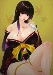 bare_shoulders big_breasts black_hair dead_or_alive dead_or_alive_5 hime_cut japanese_clothes japanese_female koei_tecmo looking_at_viewer nyotengu purple_eyes showing_tongue sk31450 team_ninja thick_thighs tongue tongue_out