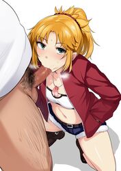 belt blonde_hair braid condom denim fate/grand_order fate_(series) fellatio female hand_in_pocket jacket jean_shorts midriff mordred_(fate) oral red_jacket short_shorts simple_background small_breasts squatting stray_pubic_hair wakamesan