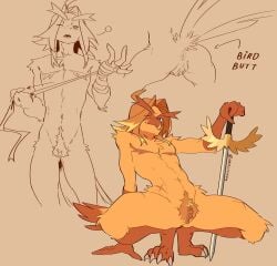 2026 abs andromorph anthro anus athletic avian beak blue_eyes butt chest_tuft claws clitoral_hood clitoris colored crouching feathers flat_colors genitals hair hi_res holding_object holding_penis intersex long_hair looking_at_viewer mastectomy_scar melee_weapon multicolored_body navel nerunaur one_eye_closed open_mouth orange_body orange_hair orange_vulva penis presenting presenting_hindquarters pubes scar shining_(noirzvault) signature simple_background solo spread_legs spreading standing sword tail tail_feathers toe_claws tuft two_tone_body vulva weapon wrappings