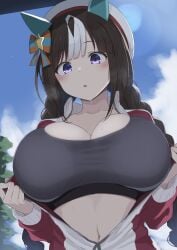 1girl beret black_hair black_sports_bra blue_sky blush cleavage day hokko_tarumae_(umamusume) horse_ears horse_girl huge_breasts long_hair looking_at_viewer low_twin_braids midocchi multicolored_hair navel open_mouth opening_jacket purple_eyes solo track_jacket umamusume umamusume_pretty_derby white_hair white_hat