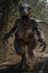 monster_girl monster_hunter dinosaur jurassic_park_(franchise) jurassic_world velociraptor tyrannosaurus_rex wife muscular_female scalie furry_female furry ai_generated milf large_breasts jungle_girl