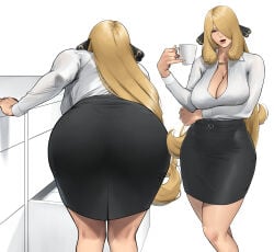 1girls absurdres alternate_costume arm_under_breasts ass black_skirt blonde_hair breasts cleavage cup cynthia_(pokemon) grey_eyes hair_ornament hair_over_one_eye highres holding holding_cup large_breasts leaning_forward long_hair long_sleeves looking_at_viewer multiple_views nintendo office_lady open_mouth pencil_skirt pokemon pokemon_dppt shirt skirt smile very_long_hair wasabishouyu white_shirt