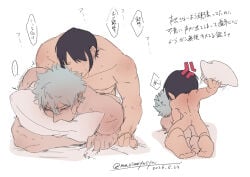 2boys anal anal_sex anger_vein annoyed black_hair blush chibi completely_nude from_behind gay gintama gintoki_sakata marimoyasya muscular muscular_male nude pillow_grab pillow_hug prone_bone sheet_grab takasugi_shinsuke white_hair yaoi