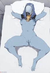 1girls ai_generated alien alien_girl areolae bed big_breasts bioware blue_body blue_skin breasts female female_only helmet helmet_with_visor hood hood_up mass_effect nipples on_bed pillow_grab quarian solo solo_female tagme tali'zorah_nar_rayya visor