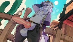absurd_res anthro balls belly big_penis bodily_fluids cactus canid canine canis chaps cigarette cigarette_in_mouth clothed clothing cowboy cowboy_hat erection fur genital_fluids genitals hair hat headgear headwear hi_res knot long_hair male mammal neceet object_in_mouth open_clothing open_topwear open_vest penis plant precum purple_body purple_fur saloon smile smoking smoking_cigarette solo topwear vest wild_west wolf