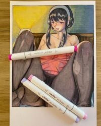 bed big_breasts black_hair breasts breasts_bigger_than_head breasts_out censored censored_nipples censored_pussy feet feet_out_of_frame female female_only fully_clothed hair_ornament huge_breasts kurogi leg_up legs legs_apart legwear long_hair looking_at_viewer pantyhose red_eyes sitting sitting_on_bed spy_x_family thick thick_ass thick_thighs thighs toes traditional_art traditional_media_(artwork) yor_forger