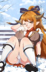 big_breasts breasts brown_eyes brown_hair cameltoe cleavage exlic female female_only glasses granblue_fantasy large_breasts looking_at_viewer panties saaya_(granblue_fantasy) sarya_(granblue_fantasy) skirt solo upskirt