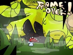 ambiguous_gender anthro big_breasts blush bodily_fluids breasts demon domestic_cat dungeon_mauler duo felid feline felis female forest_background game_over gameplay_mechanics gasp gastropod grass huge_breasts jtlavaman latex latex_body latex_skin looking_down low_res lying lying_on_grass mammal maso_(jtlavaman) mollusk on_front on_grass on_ground patchwork_creature plant saliva sharp_teeth smothering snail snailie_(jtlavaman) steam stitch_(sewing) stuck sweat taur teeth