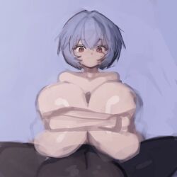 1boy 1girls animated animated_gif blue_background blue_hair chebea completely_nude dark-skinned_male dark_skin gif hetero huge_breasts interracial light-skinned_female light_skin neon_genesis_evangelion nude paizuri pov red_eyes rei_ayanami short_hair simple_background skindentation