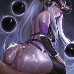 ai_art ai_assisted ai_generated aisei ass ass_focus assjob cum cumshot dominant dominant_female league_of_legends league_of_legends:_wild_rift looking_behind pale_skin purple_eyes sex syndra view_from_below viewed_from_behind wet wet_body white_hair