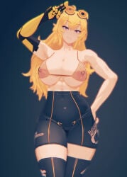 rwby onlyrubez yang_xiao_long 1girls solo_female half-dressed half_naked half_naked_female blonde_female blonde_hair long_hair long_hair_female purple_body breasts robotic_arm pose posing
