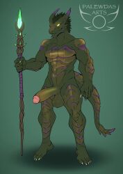 2d 2d_(artwork) 2d_animation 2d_artwork 5_fingers 5_toes balls big_balls big_penis ceehaz dog_knight_rpg dragonborn druid erection genitals green_hair green_skin holding_object horns idle_animation magic_user male male_only muscular muscular_male nude palewdas_arts penis purple_scales scalie skarr_(palurdas_arts) solo staff tagme tail video yellow_eyes