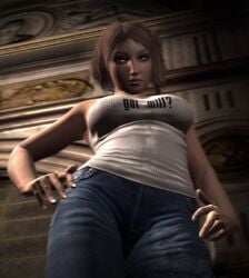 1girls 3d 3dcg brown-haired_female cropped_image duke_nukem_(series) duke_nukem_forever edited_screencap expressionless female_focus female_only filtered game_cg hands_on_hips jeans large_breasts leaning_to_the_side low_resolution lowres milf older_woman short-haired_female sierra_entertainment text tight_jeans underboob unnamed_character