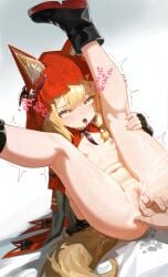 1girl ahegao animal_ears arknights arknights:_endfield arm_support ass black_boots black_gloves blonde_hair boots breasts bright_pupils chinese_commentary clitoris commentary_request female_ejaculation female_orgasm fingering fingerless_gloves gloves heart heart-shaped_pupils highres holding_own_legs_back legs_up navel orgasm pussy pussy_juice pussy_juice_stain red_hood rossi_(arknights) small_breasts solo_focus stomach susui1973074246 sweat symbol-shaped_pupils tail thighs tongue tongue_out uncensored white_pupils wolf_ears wolf_girl wolf_tail yellow_eyes