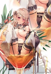 1girl azumi_akitake bikini bikini_bottom_only black_bikini blonde_hair blush breasts cameltoe circlet closed_mouth cup detached_sleeves drinking_glass elf feet_against_glass female female_only flower food frilled_thighhighs frills fruit garter_belt highres in_container in_cup jewelry large_breasts long_hair long_sleeves looking_at_viewer melonbooks mini_person minigirl navel necklace nipples one_side_up orange_(fruit) orange_slice original pillow pointy_ears red_eyes red_flower sitting skindentation smile soles solo suggestive_fluid swimsuit thighhighs tongue tongue_out topless torn_bikini torn_clothes unworn_bikini_top white_flower white_thighhighs