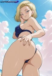 1girl absurd_resolution absurdres adult ai ai-created ai_art ai_generated android_18 anime_coloring anime_screenshot anime_style bare_legs bare_shoulders beach beachwear beautiful_woman bikini blonde_hair blue_eyes cleavage confident_pose curvy detailed_background detailed_body dragon_ball dragon_ball_z dynamic_angle dynamic_pose earrings exhibitionism exibitionism exited explicit female female_only full_body glossy glossy_body glossy_skin gorgeous hand_on_hip hentai hi_res high_contrast high_quality high_resolution in_heat looking_at_viewer micro_bikini microkini midriff model_pose no_text no_watermark nsfw ocean patreon perfect_anatomy pervert_female plump pose posing presenting rating_explicit revealing_clothes sand seductive_pose sexy sexy_body sexy_female sexy_pose short_hair skimpy_bikini slight_smile soft_shading solo source_anime standing summer sunny_day tanned_skin teasing teasing_viewer thick_thighs tropical_beach voluptuous voluptuous_body voluptuous_female wind_swept_hair