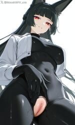 ai_generated animal_ears artist_name black_hair black_latex blush bodysuit_aside dripping_pussy explicit_pussy female gloves hoshimi_miyabi large_breasts latex_suit long_hair looking_at_viewer nipples nude open_shirt pussy_juice red_eyes shineinsfw shiny_skin smile solo sweat wet_skin white_shirt wolf_ears zenless_zone_zero