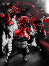 2026 3:4 4_toes 5_fingers absurd_res alien balhannur blood blood_drop blood_from_mouth blood_in_mouth blood_on_arms blood_on_chest blood_on_hair blood_on_teeth bodily_fluids breast_armor breasts bullet_hole covered_in_blood death digital_media_(artwork) dismemberment duo feet female fingers fire flamethrower gore grabbing_another hair hi_res human intestines_out krocoart_116 looking_away lower_lip male mammal monochrome multi_nostril open_mouth paenitentia ranged_weapon red_eyes sharp_teeth size_difference spine tail teeth toes vomiting vomiting_blood weapon wearing_armor