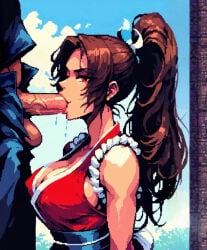 ai_assisted ai_generated blowjob brown_hair brunette dirtmaster fatal_fury fellatio king_of_fighters lips mai_shiranui ninja nipple_bulge nipples_erect oral oral_sex pixel_art ponytail retro_artstyle saliva saliva_drip seductive_look side_view snk sucking sucking_dick sucking_off sucking_penis