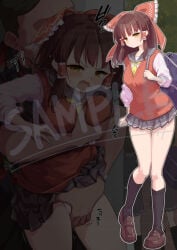 black_socks blush fingering_through_clothes fingering_through_panties frilled_bow frilled_hair_tubes frills full_body futa_(nabezoko) grabbing_another's_breast grabbing_from_behind groping hair_bow hair_tubes hakurei_reimu hetero kneehighs large_breasts long_hair long_sleeves miniskirt open_mouth paid_reward_available panties pleated_skirt red_bow red_sweater_vest reimu_hakurei sailor_collar sample_watermark shirt skirt socks sweater_vest tagme through_clothes touhou underwear watermark white_panties white_shirt yellow_eyes