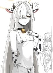 >_< 4girls ? _ _()_ __ ___ _____ ______ animal_ears animal_print arm_behind_back bagaponchi bare_shoulders bell bikini blue_archive breasts closed_mouth colored_skin cow_ears cow_horns cow_print cow_print_bikini cow_print_gloves ein_(blue_archive) elbow_gloves gloves hair_over_one_eye halo highres horns long_hair malkuth_(blue_archive) multiple_girls navel neck_bell ohr_(blue_archive) open_mouth print_bikini print_gloves siblings sidetie_bikini_bottom small_breasts sof_(blue_archive) solo_focus stomach swimsuit symbolshaped_pupils triplets very_long_hair white_background white_hair white_skin xshaped_pupils yellow_halo