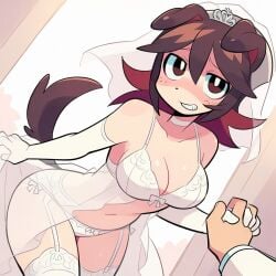 1girls ai_generated animal_ears animation_meme_community breasts brown_hair dog_girl female hair lambga multicolored_hair sashley velvet_(sashley) wedding_dress wedding_lingerie holding_hands