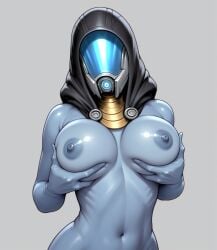 1girls ai_generated alien alien_girl areolae big_breasts bioware blue_body blue_skin breasts female female_only helmet helmet_with_visor hood hood_up mass_effect nipples quarian solo solo_female tagme tali'zorah_nar_rayya visor