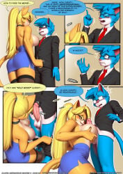 accessory anthro belt big_breasts big_butt big_penis black_belt black_bottomwear black_clothing black_pants black_suit black_topwear black_vest blonde_hair blue_body blue_fur blue_hair blush bottomwear breast_play breasts brown_eyes butt clothing comic dialogue domestic_cat duo english_text erection eyewear felid feline felis female fur genitals glans glasses green_eyes hair hi_res holding_breast jay-r_(character) kristy_winters_(lildredre) lips long_stockings looking_at_breasts looking_at_genitalia looking_at_penis male male/female mammal necktie pak009 pants penis playful_distractions ponytail red_lips red_necktie removing_pants sex shocked suit tail text titfuck topwear vein veiny_penis vest yellow_body yellow_fur