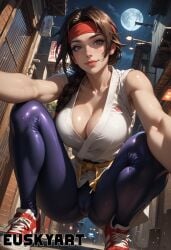 ai_generated boobs braided_ponytail brown_eyes brown_hair curvy euskyart hairband king_of_fighters kof leggings medium_breasts ponytail seductive tits yuri_sakazaki cameltoe crouching squatting cleavage fighting street