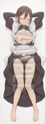 ai_generated tagme watermark hi_res highres high_resolution patreon sleeplessnighty meido_mei 100_kanojo kimi_no_koto_ga_dai_dai_dai_dai_daisuki_na_100-nin_no_kanojo the_100_girlfriends_who_really_really_really_really_really_love_you black_hair closed_eyes 1girls blush smile solo solo_focus female lying lying_on_back full_body dakimakura breasts nipples maid maid_headdress maid_uniform panties arms_up clothing clothed