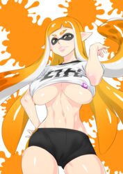 1girls adjusting_hair alternate_breast_size animal_humanoid anthro bangs big_lips bike_shorts blunt_bangs breasts cephalopod cephalopod_humanoid cleavage clothes_writing curvy female female_only hair_flip hand_on_hip highres huge_breasts humanoid inkling inkling_girl kaori_(splatoon) long_hair mask_(marking) midriff navel nintendo no_bra orange_eyes orange_hair pointy_ears presenting presenting_breasts shiny_skin shirt short_shorts shorts skindentation smile smirk solo splatoon squid t-shirt taka-michi tentacle tentacle_hair thick_thighs thighs toned toned_female underboob very_long_hair