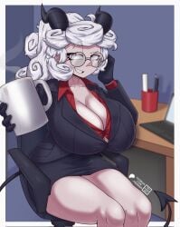 1girls big_breasts black_skirt breast_size_difference breasts bursting_breasts chair cleavage coffee coffee_mug demon demon_girl demon_horns demon_tail eyewear female female_only glasses hair helltaker holding_drink holding_object horns huge_breasts large_breasts office_chair office_clothing office_lady pandemonica_(helltaker) pencil_skirt red_eyes round_glasses skirt smile solo solo_female spoken_heart tail tehhank thighs white_hair textless textless_version alternate_version_available