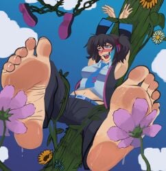 1girl 1girls 1other alwhiteberry big_breasts blush blushing bondage bound bound_wrists breasts feet foot_fetish foot_focus heterochromia restrained ruko_yokune tickle_fetish tickle_torture tickling tickling_feet utau utauloid vine_bondage vines