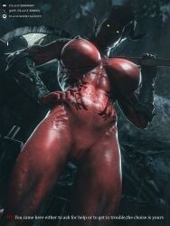 3:4 3d_(artwork) areola armor axe baldur's_gate baldur's_gate_3 big_breasts bracers breasts digital_media_(artwork) english_text female genitals glowing glowing_eyes hi_res horn horned_humanoid huge_breasts humanoid humanoid_pointy_ears karlach larian_studios low-angle_view markings melee_weapon muscular muscular_female nipples nude plague_of_humanity_(artist) pointy_ears red_body solo text tiefling vulva weapon