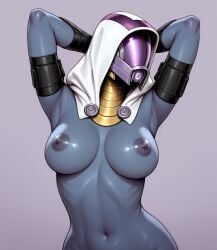 1girls ai_generated alien alien_girl areolae big_breasts bioware blue_body blue_skin breasts female female_only helmet helmet_with_visor hood hood_up mass_effect nipples quarian solo solo_female tagme tali'zorah_nar_rayya visor