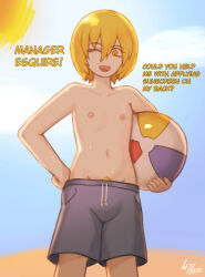 areola areolae beach beach_background beach_ball belly belly_button blonde blonde-haired_female blonde_female blonde_hair blonde_hair_female breasts breasts_out collarbone colored_pubic_hair dialogue don_quixote_(limbus_company) flat_chest flat_chested hair leoderorero limbus_company looking_at_viewer looking_down looking_down_at_viewer mens_swimsuit_challenge mouth_open nipples no_boobs one_eye_closed pov pov_eye_contact project_moon pubic_hair pubic_hair_peek pussy_hair short_hair shorts small_areola small_areolae small_breasts small_nipples solo solo_female solo_focus stomach sun sweat sweatdrop tagme talking talking_to_viewer text topless visible_pussy yellow_hair yellow_pubic_hair