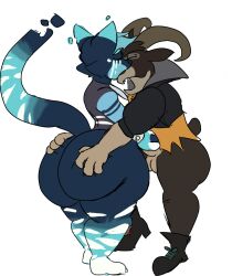 anthro apolonoise balls billy_(deadlock) bottomless bovid butt butt_grab caprine clothed clothing deadlock_(game) duo felid feline footwear footwear_only genitals goat hand_on_butt hi_res kissing male male/male mammal masturbation mostly_nude topwear topwear_only valve