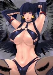 1girl 1girls bare_midriff big_breasts black_hair dead_or_alive dead_or_alive_5 hime_cut japanese_female koei_tecmo licking_lips light-skinned_female looking_at_viewer nyotengu purple_eyes sk31450 smile smiling smiling_at_viewer solo solo_female swimsuit team_ninja tengu wings
