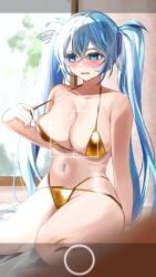 bikini blush breasts camera camera_pov camera_view embarrassed gold_bikini hatsune_miku large_breasts multi-strapped_bikini_bottom pulling_bikini_string squiggle thick_thighs vocaloid wide_hips