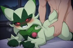 ai_generated anthro anthro_on_human athletic_female bedroom black_sclera blushing clenched_teeth feline female floragato from_behind furry green_body half-closed_eyes hands_on_hips human human_on_anthro human_penetrating laying_on_stomach light-skinned_male male male/female male_penetrating male_penetrating_female night nude nude_female nude_male on_bed penetration penetration_from_behind pleasure_face pokemon pokemon_(species) pussy_juice raining red_eyes rolling_eyes sex sex_from_behind thrusting vaginal_penetration