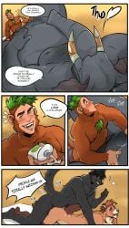 anthro applying_sunscreen athletic athletic_anthro athletic_male barazoku being_watched belly big_belly body_hair canid canine canis chest_hair comic doggystyle domestic_dog ear_piercing elephant elephantid english_text from_behind_position gesture group hand_gesture haplorhine hi_res juicytreats looking_at_another male male/male mammal monkey musclegut muscular nude_male obese obese_male outdoor_nudity overweight overweight_male piercing plap primate proboscidean proboscis_(anatomy) pubes sex size_difference speech_bubble text thumbs_up trunk_(anatomy) tusk_jewelry tusks