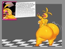 animatronic anthro ass avian beakless big_ass big_butt bird blush blush_stickers braces butt chicken dialogue feitadenectar female five_nights_at_freddy's five_nights_at_freddy's_2 galliform huge_ass huge_butt machine phasianid robot scottgames solo toy_chica_(fnaf) yellow_body