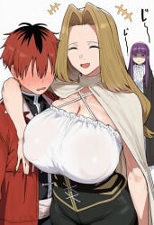 ... big_breasts blonde_hair busty clothed clothing fern_(sousou_no_frieren) frieren_beyond_journey's_end happy huge_breasts jealous_female large_breasts methode_(sousou_no_frieren) nervous purple_hair sousou_no_frieren stark_(sousou_no_frieren) top_heavy top_heavy_breasts toratora