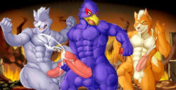 abs anthro avian balls big_penis building canine car cum erection falco_lombardi fight fox fox_mccloud group macro male male_only mammal muscular nintendo pecs penis soliscanis star_fox vehicle video_games wolf wolf_o'donnell